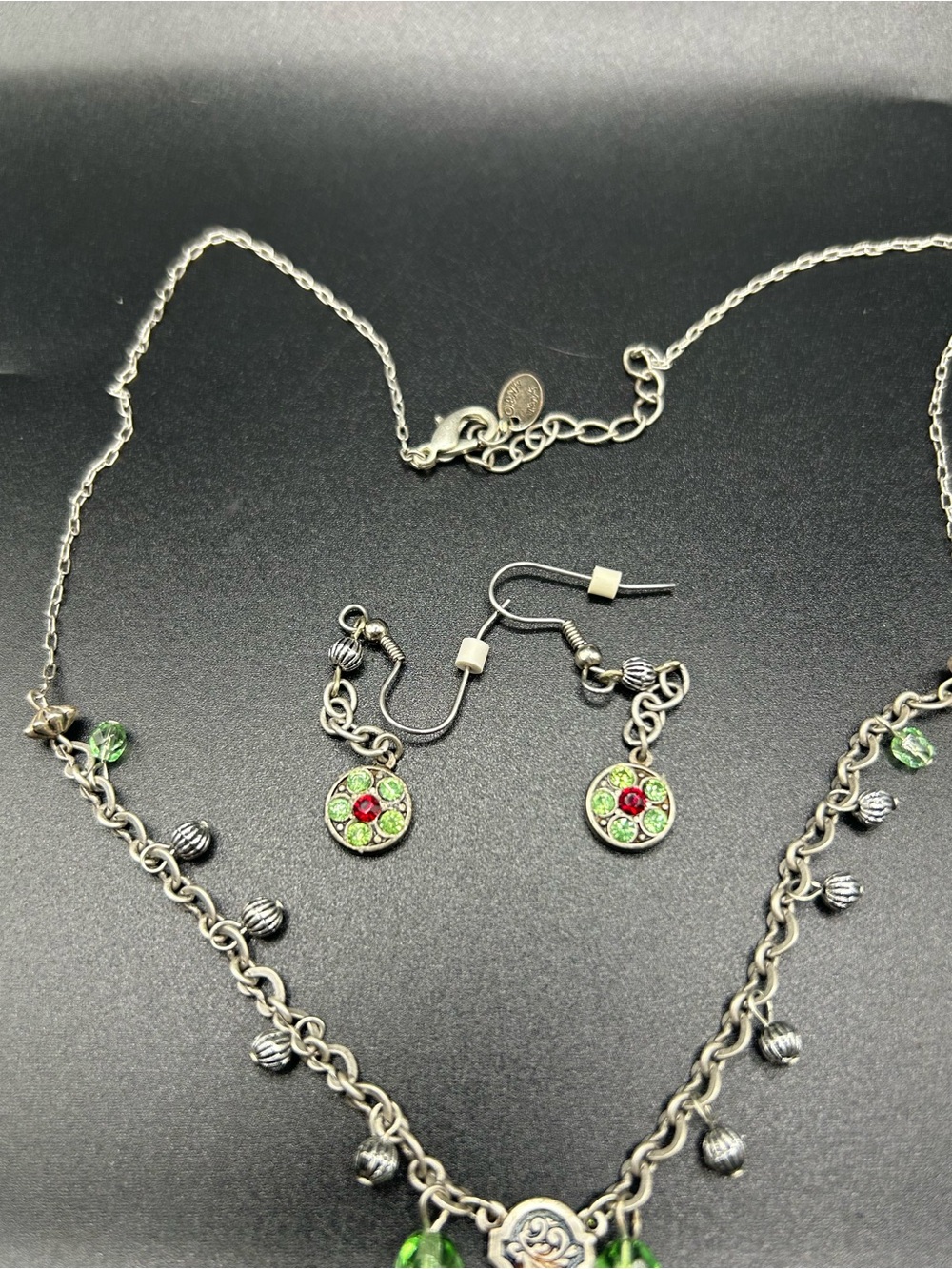 Silver-Tone Green Floral Pendant Necklace & Earring Swarovski Crystals - Orna - Picture 4 of 4